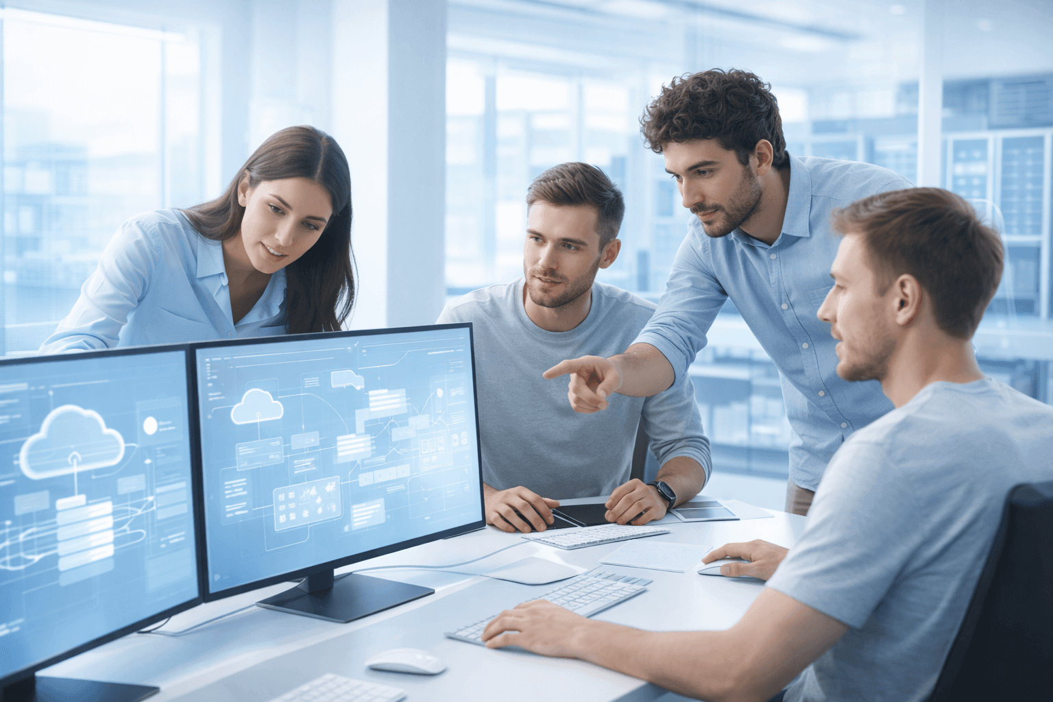 Young io.tc team collaborating on SaaS infrastructure